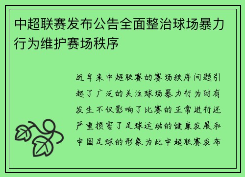 中超联赛发布公告全面整治球场暴力行为维护赛场秩序