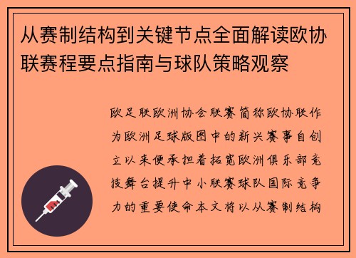 从赛制结构到关键节点全面解读欧协联赛程要点指南与球队策略观察