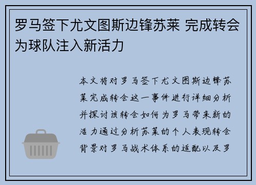 罗马签下尤文图斯边锋苏莱 完成转会为球队注入新活力 罗马签下尤文图斯边锋苏莱 完成转会为球队注入新活力