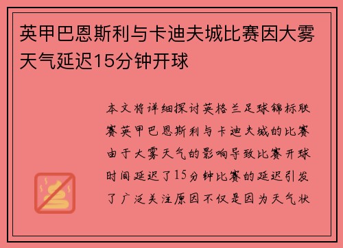 英甲巴恩斯利与卡迪夫城比赛因大雾天气延迟15分钟开球 英甲巴恩斯利与卡迪夫城比赛因大雾天气延迟15分钟开球