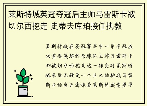 莱斯特城英冠夺冠后主帅马雷斯卡被切尔西挖走 史蒂夫库珀接任执教 莱斯特城英冠夺冠后主帅马雷斯卡被切尔西挖走 史蒂夫库珀接任执教